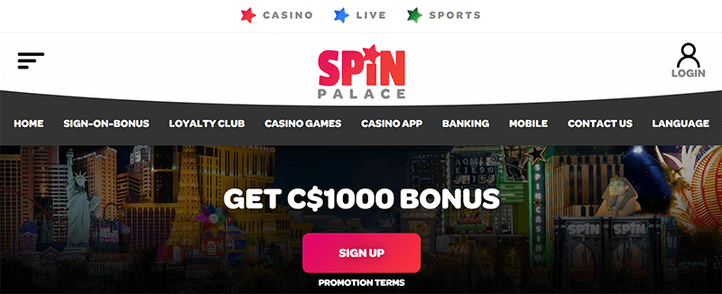 Page d'accueil du Casino Spin Palace